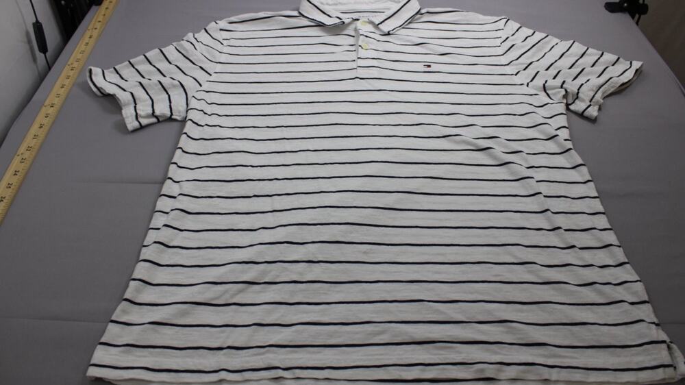 Tommy Hilfiger Polo Custom Fit Mens 2XL White Striped Short Sleeve Embroidered